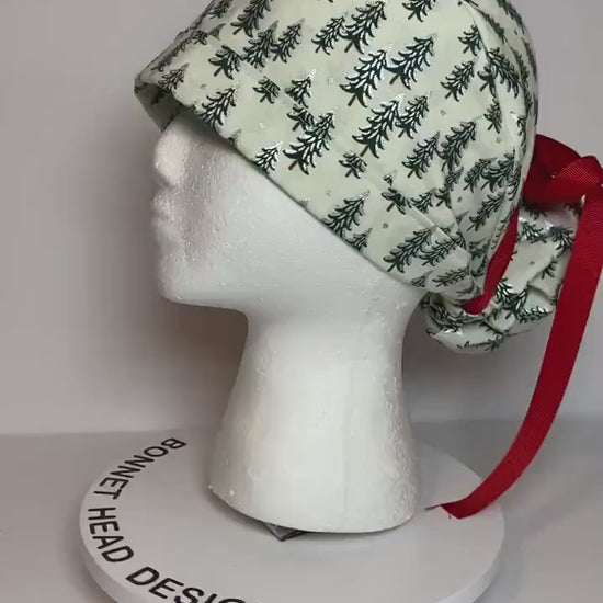 Winter scrub cap, Christmas scrub cap, Rifle Paper Co holiday fabric scrub hat, white Christmas trees scrub cap, Bonnet Head Designs