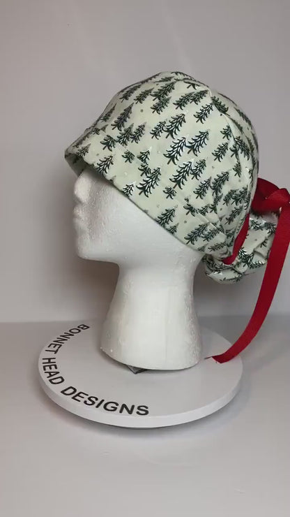 Winter scrub cap, Christmas scrub cap, Rifle Paper Co holiday fabric scrub hat, white Christmas trees scrub cap, Bonnet Head Designs