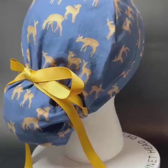Forest Fable Fawn ponytail scrub cap, women’s navy deer print scrub hat with cinch ties and satin lining option