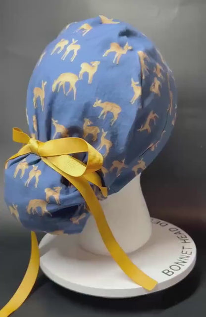 Forest Fable Fawn ponytail scrub cap, women’s navy deer print scrub hat with cinch ties and satin lining option