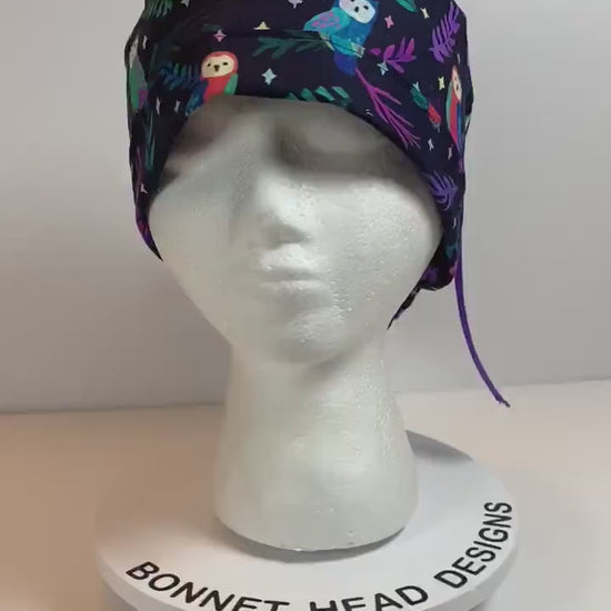 Black owl scrub cap, owl print scrub hat in jewel tones, Bonnet Head Designs