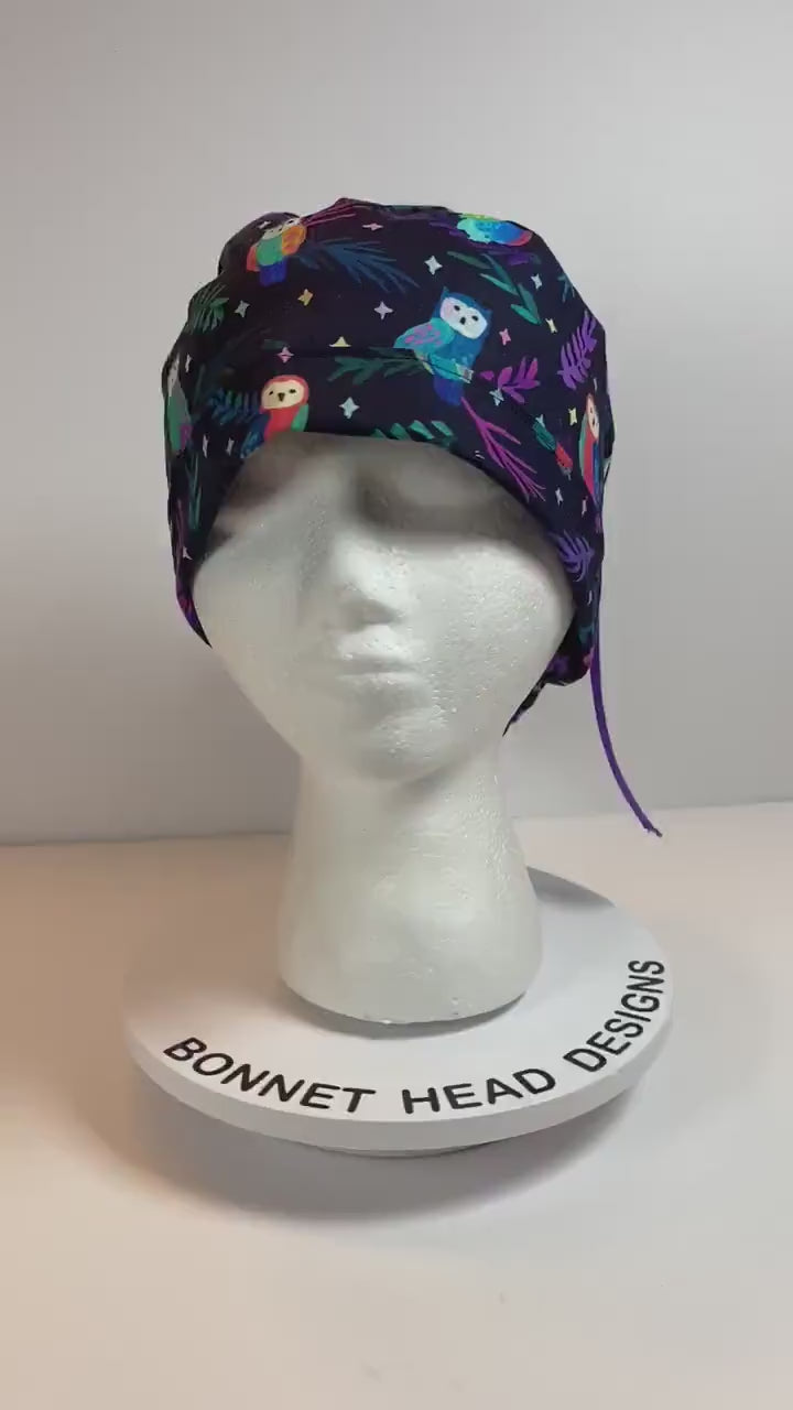 Black owl scrub cap, owl print scrub hat in jewel tones, Bonnet Head Designs