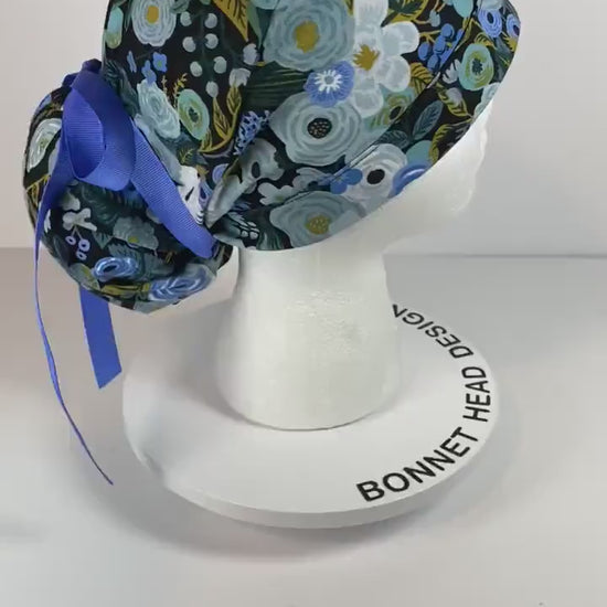 Navy garden party floral scrub hat, blue garden party surgical hat, Bonnet Head Designs