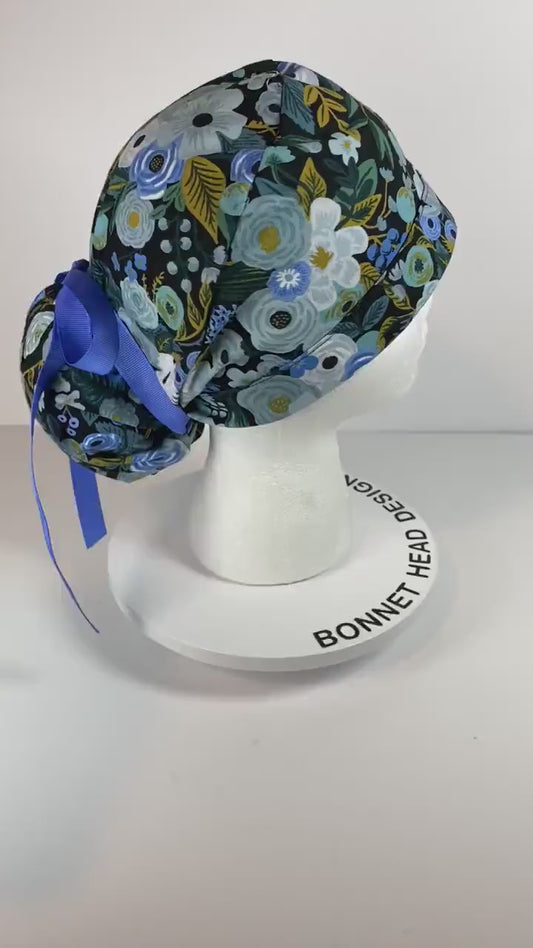 Navy garden party floral scrub hat, blue garden party surgical hat, Bonnet Head Designs