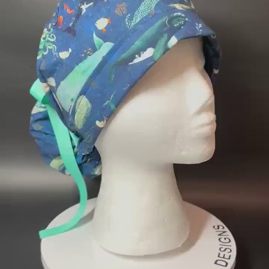 Whale Shark Ponytail Scrub Cap: Nurse hat with ribbon ties and optional satin lining