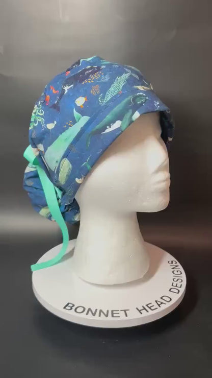Whale Shark Ponytail Scrub Cap: Nurse hat with ribbon ties and optional satin lining