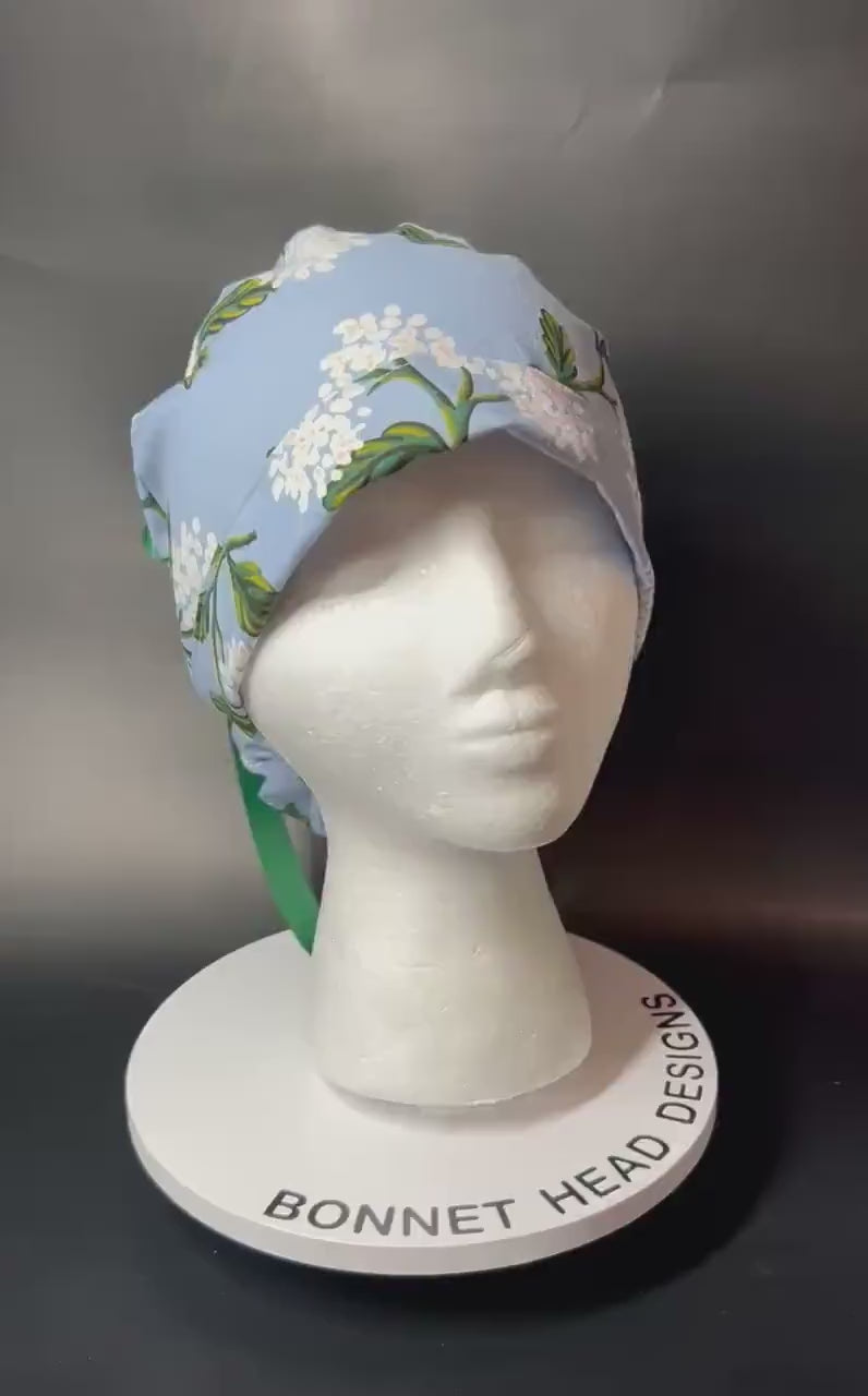 Rifle Paper co blue and white hydrangea ponytail scrub cap, women’s spring  hydrangeas floral scrub cap