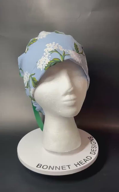 Rifle Paper co blue and white hydrangea ponytail scrub cap, women’s spring  hydrangeas floral scrub cap