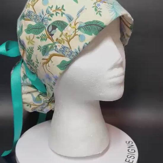 Peacock print scrub cap, Rifle Paper Co cream fabric