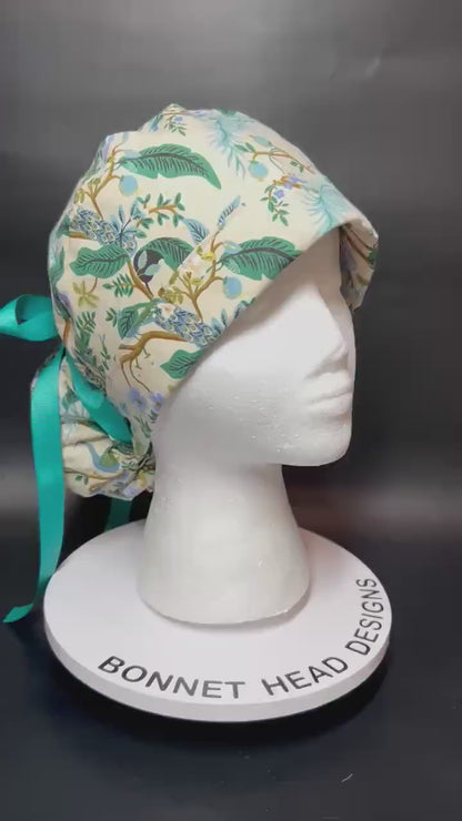 Peacock print scrub cap, Rifle Paper Co cream fabric