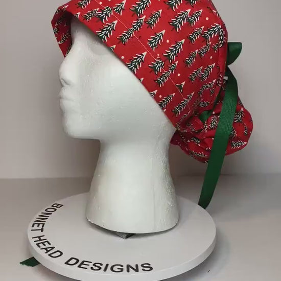 Red Christmas Tree Ponytail Scrub Cap: Rifle Paper Co. Fabric
