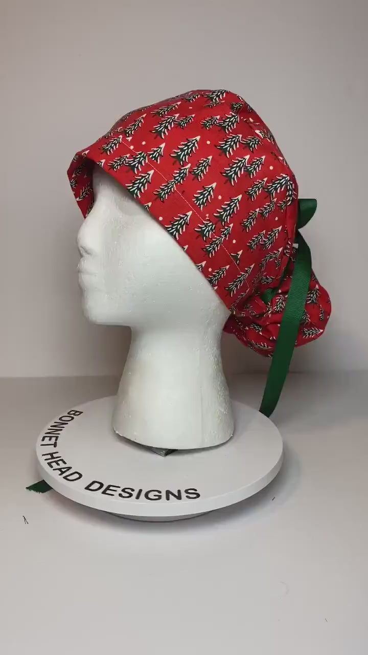 Red Christmas Tree Ponytail Scrub Cap: Rifle Paper Co. Fabric