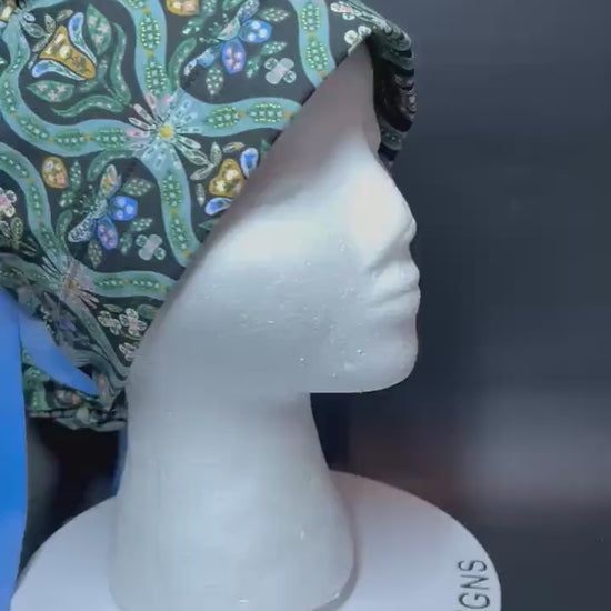 English Rose Posey print ponytail scrub cap: Rifle Paper Co fabric with ribbon ties