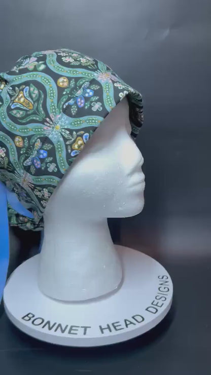 English Rose Posey print ponytail scrub cap: Rifle Paper Co fabric with ribbon ties