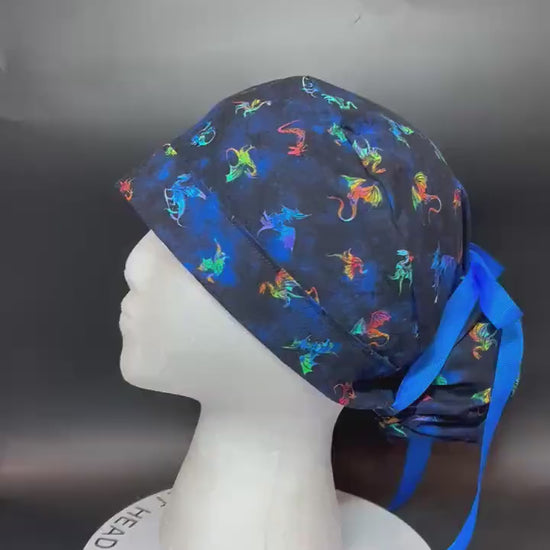 Women’s dragon print ponytail scrub cap: satin lining option and adjustable pocket