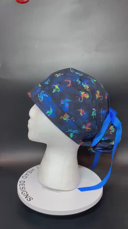 Women’s dragon print ponytail scrub cap: satin lining option and adjustable pocket