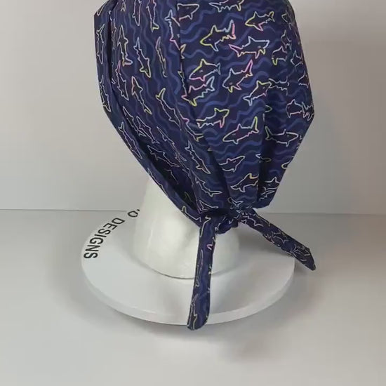 Navy shark print tie back scrub hat, pixie style scrub cap with sharks