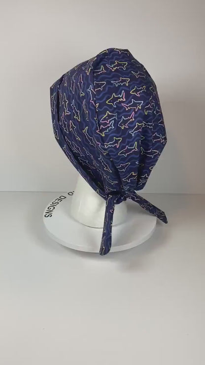 Navy shark print tie back scrub hat, pixie style scrub cap with sharks