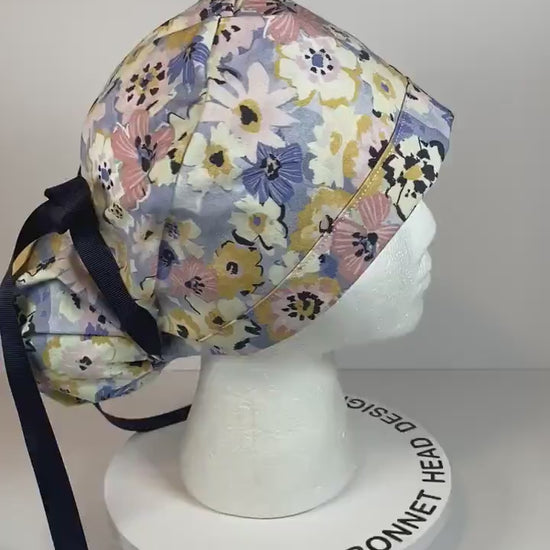 Navy pink purple floral scrub cap, purple floral women’s scrub cap, Bonnet Head Designs