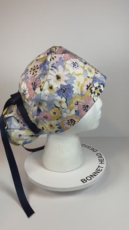 Navy pink purple floral scrub cap, purple floral women’s scrub cap, Bonnet Head Designs