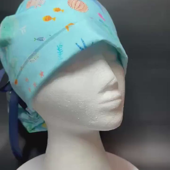 Under the Sea Print Ponytail Scrub Cap: women’s ocean themed scrub hat with ribbon ties