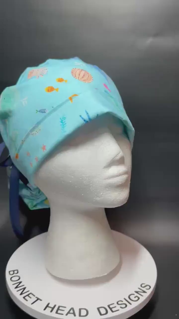 Under the Sea Print Ponytail Scrub Cap: women’s ocean themed scrub hat with ribbon ties