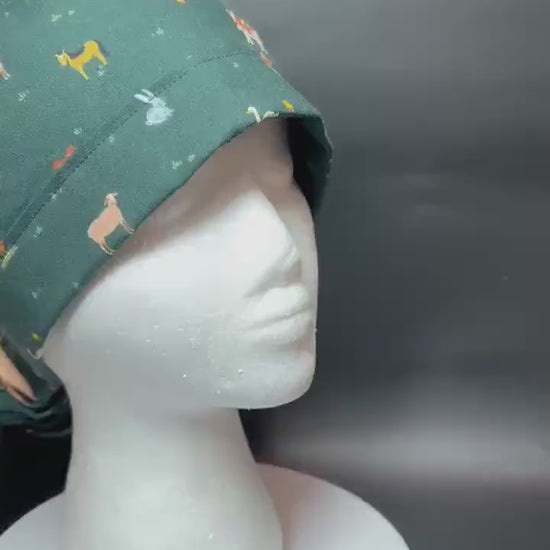 Rifle Paper Co Gracie Farm Animals Ponytail Scrub Cap: Adjustable Cinch Ties, Optional Satin Lining