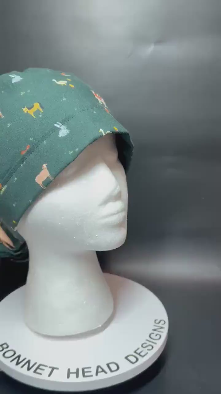 Rifle Paper Co Gracie Farm Animals Ponytail Scrub Cap: Adjustable Cinch Ties, Optional Satin Lining