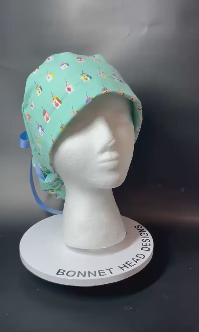 Sunshine smoothies ponytail scrub cap, teal fruit smoothie print ponytail scrub hat with cinch ties