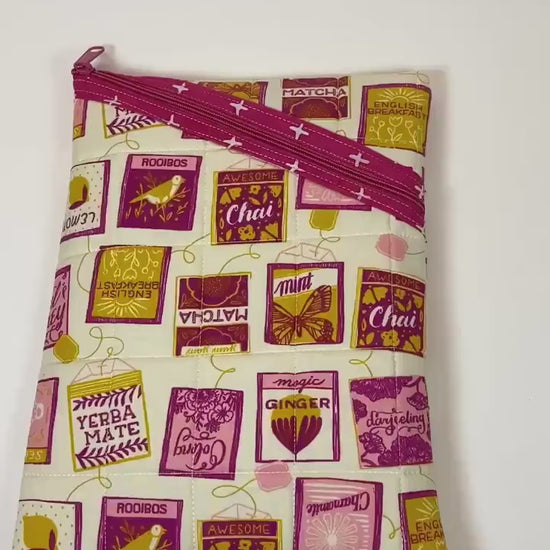 Pink and yellow tea lover’s fabric soft tablet case with zipper, padded book or ipad sleeve