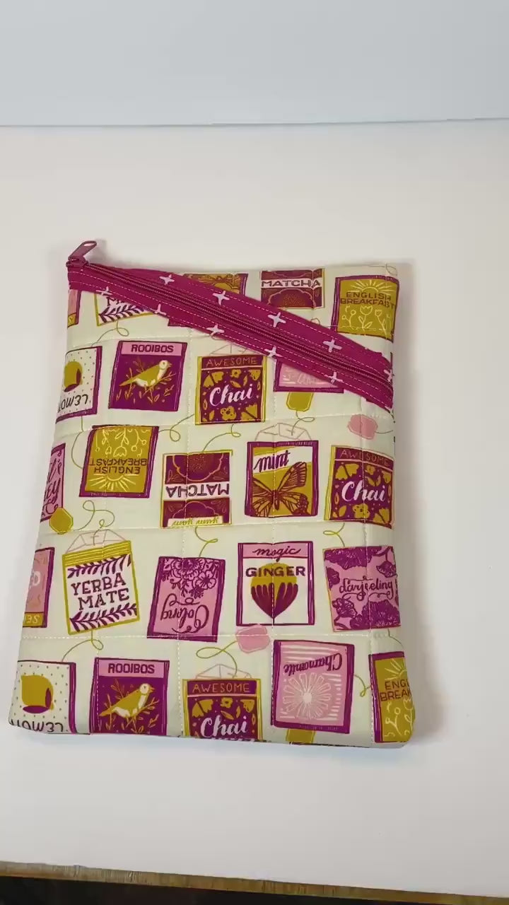 Pink and yellow tea lover’s fabric soft tablet case with zipper, padded book or ipad sleeve