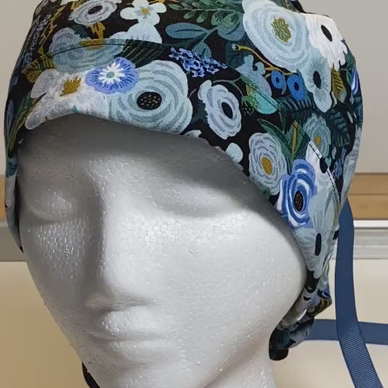 Garden party blue scrub hat, blue garden party scrub hat, black floral hat,  Bonnet Head Designs