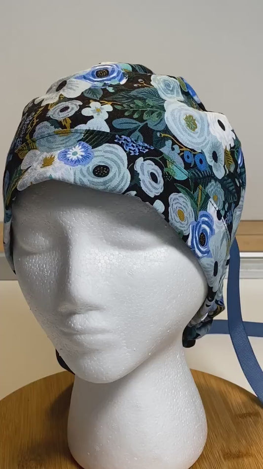 Garden party blue scrub hat, blue garden party scrub hat, black floral hat,  Bonnet Head Designs