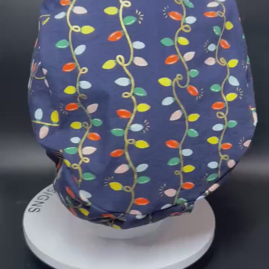 Navy Christmas Lights Euro Style Toggle Scrub hat: Rifle Paper Co fabric