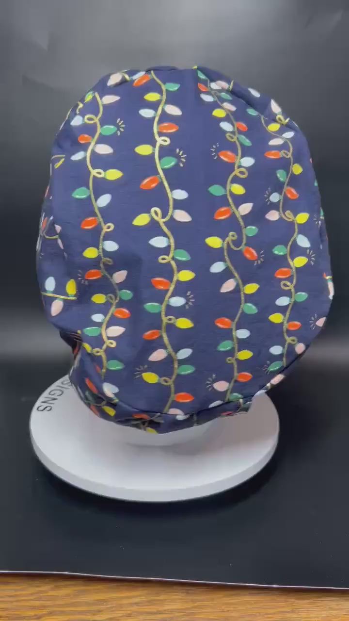 Navy Christmas Lights Euro Style Toggle Scrub hat: Rifle Paper Co fabric