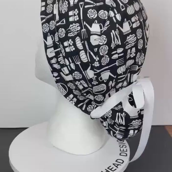 Spring gardening ponytail scrub hat, women’s garden print premium surgical cap, Bonnet Head Designs