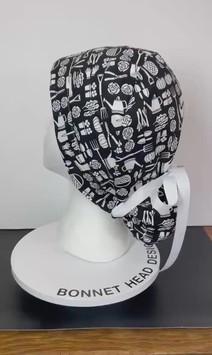 Spring gardening ponytail scrub hat, women’s garden print premium surgical cap, Bonnet Head Designs