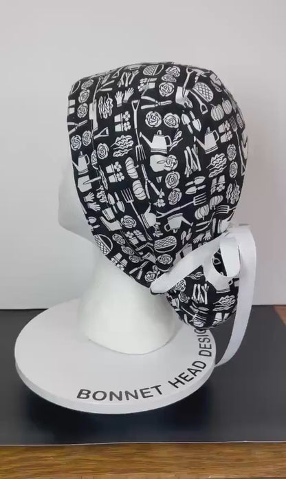 Spring gardening ponytail scrub hat, women’s garden print premium surgical cap, Bonnet Head Designs