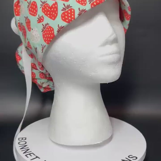 Strawberry Print Ponytail Scrub Cap, Under the Apple Tree fabric with ribbon ties