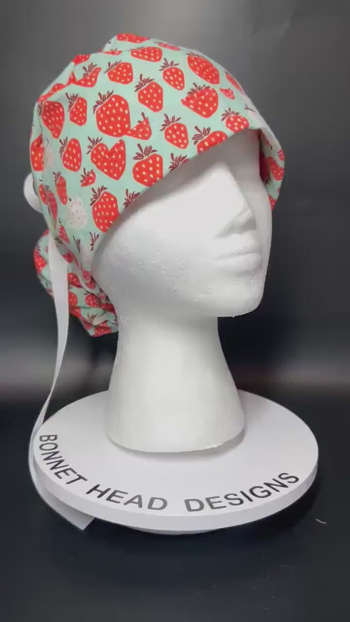 Strawberry Print Ponytail Scrub Cap, Under the Apple Tree fabric with ribbon ties