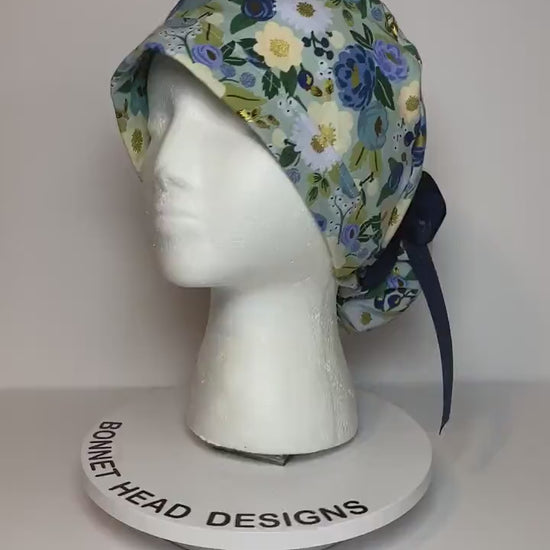 Blue and navy floral scrub cap, vintage garden floral women’s scrub cap, Bonnet Head Designs