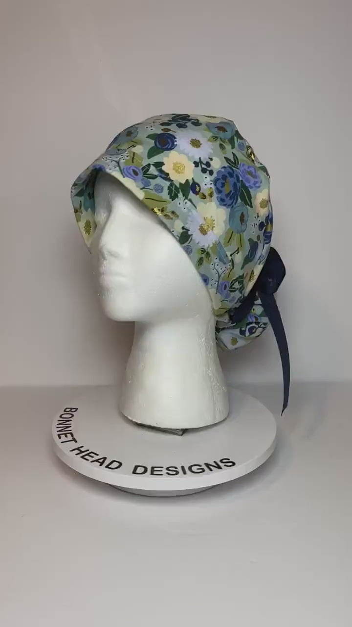 Blue and navy floral scrub cap, vintage garden floral women’s scrub cap, Bonnet Head Designs