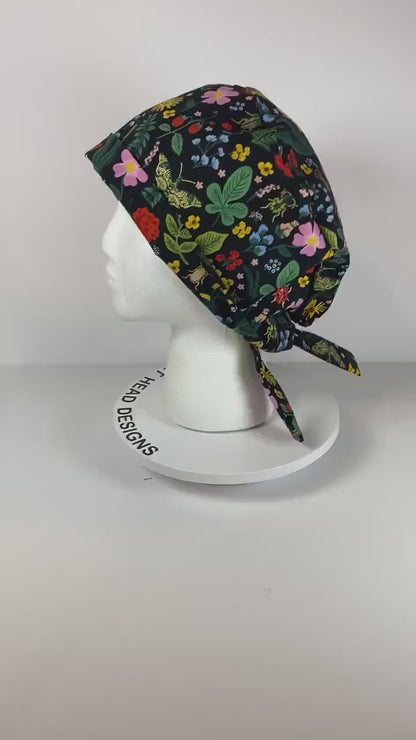 Rifle Paper Co Curio black floral tie back scrub cap, women’s beetle pixie scrub hat floral, Bonnet Head Designs