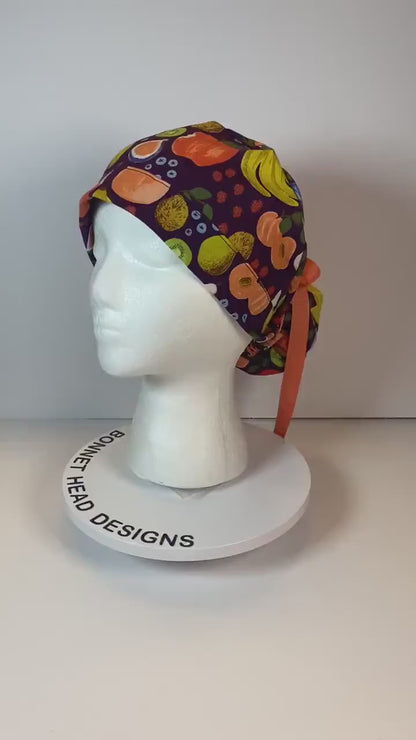 Women’s Rifle Paper Co Orchard fruit scrub cap, fruit print scrub hat, Bonnet Head Designs