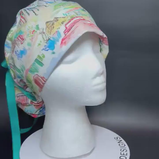 Western Watercolor ponytail scrub cap