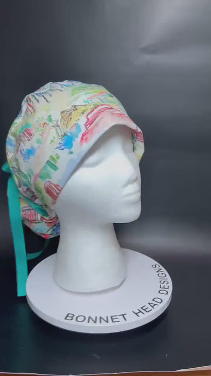 Western Watercolor ponytail scrub cap