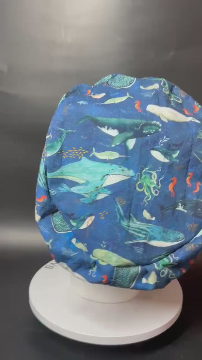 Euro scrub caps: whale shark ocean print with adjustable toggle and elastic