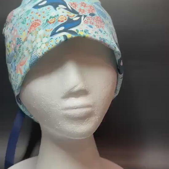 Ocean Orca Whale Floral Ponytail Scrub Hat| spring scrub cap for women with optional satin lining
