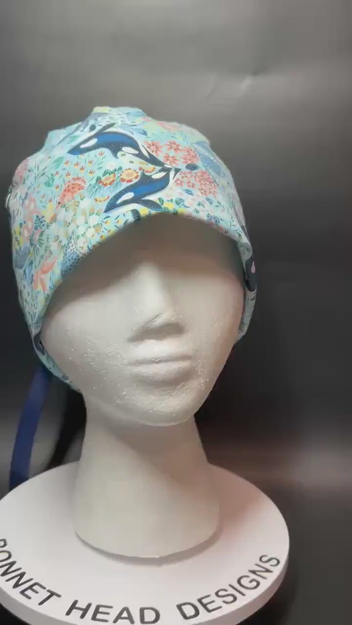 Ocean Orca Whale Floral Ponytail Scrub Hat| spring scrub cap for women with optional satin lining