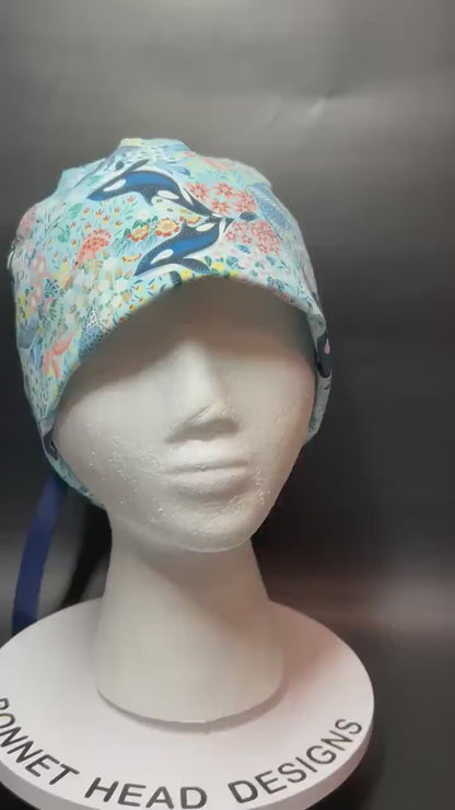 Ocean Orca Whale Floral Ponytail Scrub Hat| spring scrub cap for women with optional satin lining
